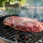 Grosse piece de viande rouge posee sur grille fumante