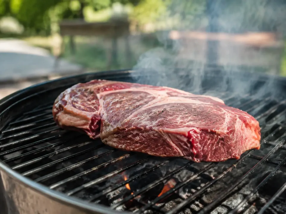 Grosse piece de viande rouge posee sur grille fumante