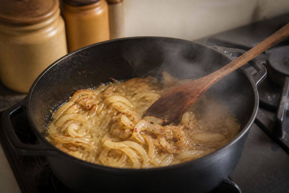 Oignons blonds mijotant dans une casserole en fonte