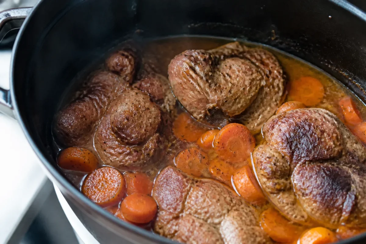 Palette de porc braisee dans une cocotte avec carottes