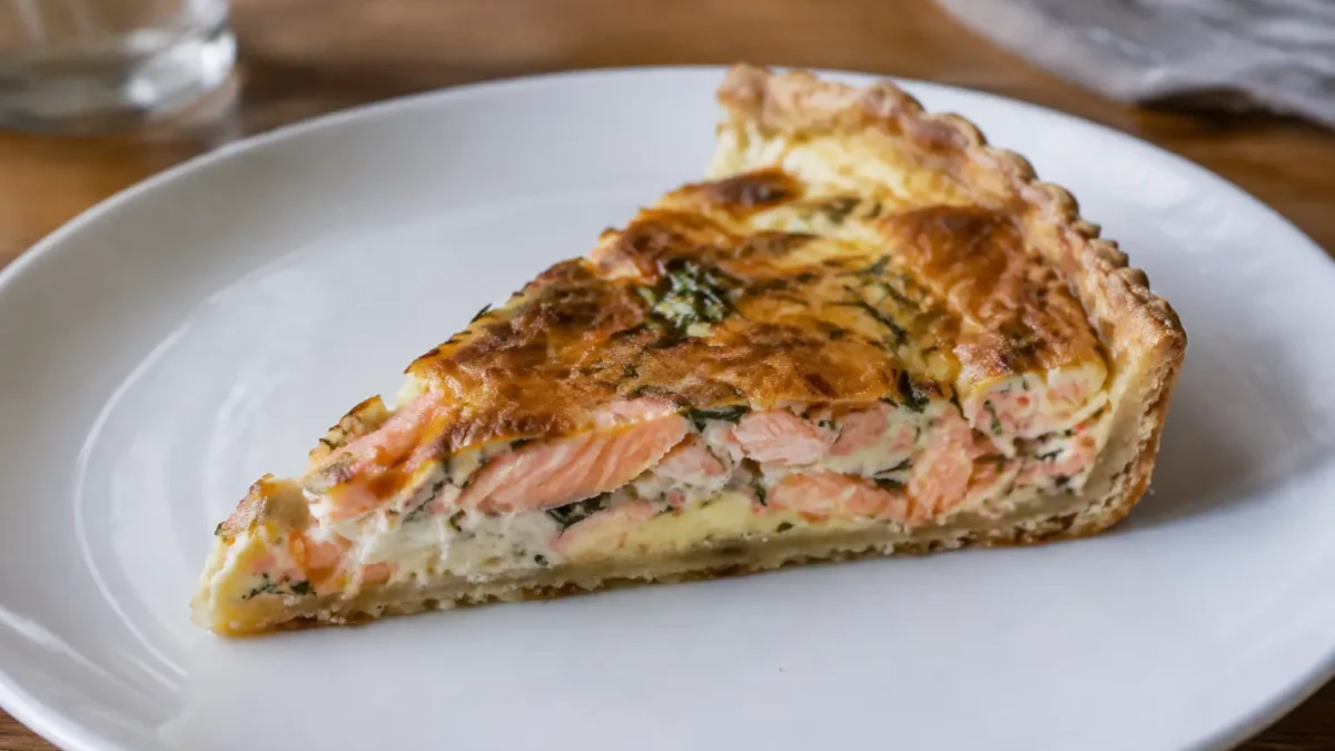 Part de tarte au saumon posee sur assiette blanche