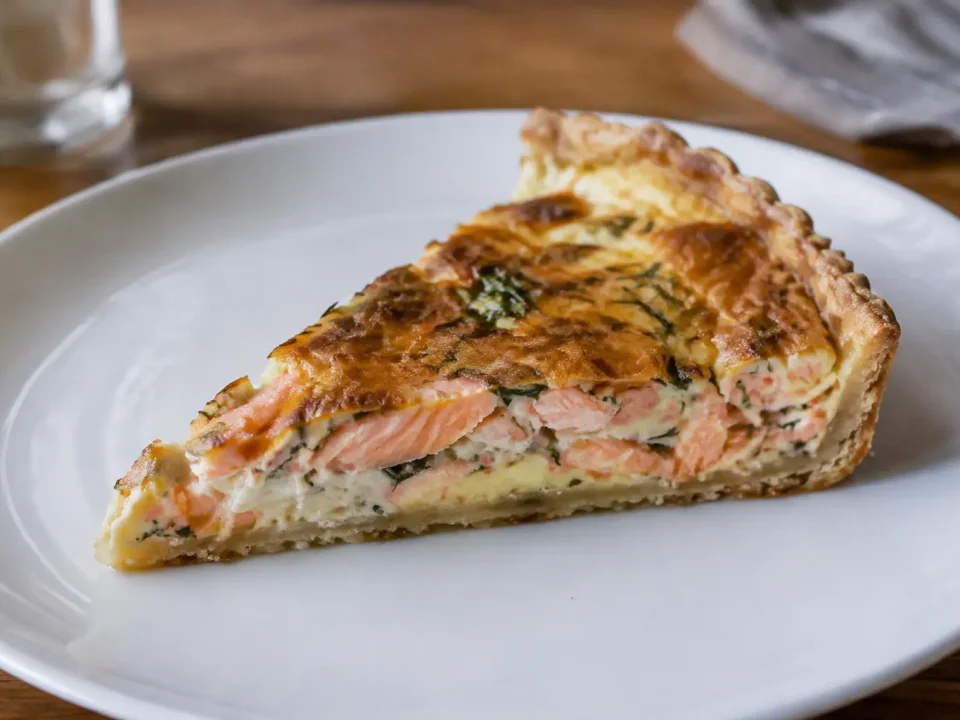 Part de tarte au saumon posee sur assiette blanche