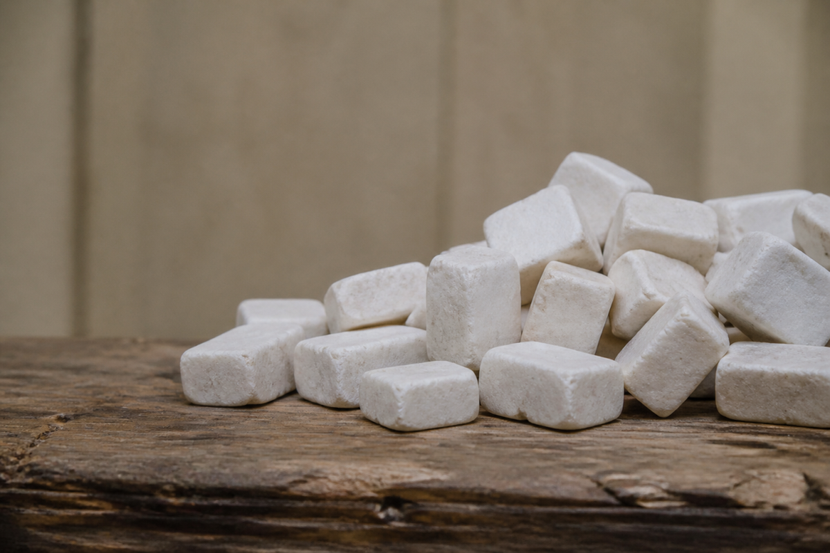 Pavés blancs essuyés posés sur planche en bois