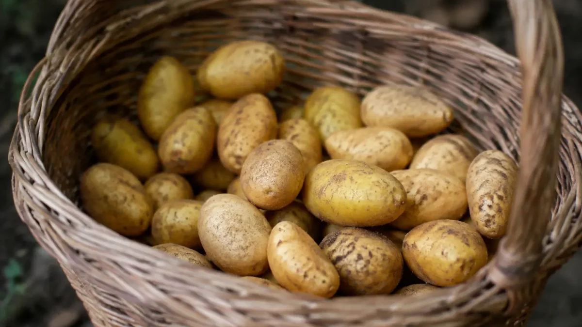 Petits tubercules dorés disposés dans un panier en osier
