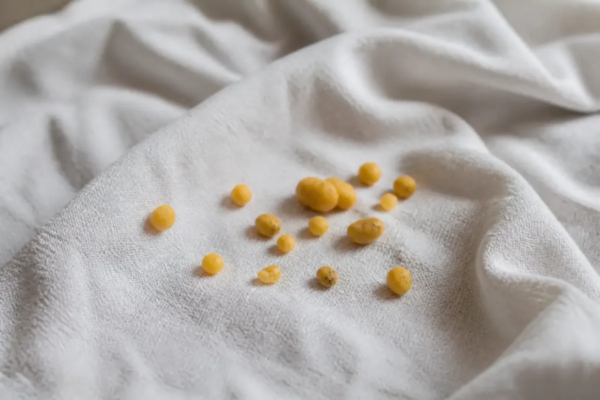 Petits tubercules jaunes sur un torchon blanc