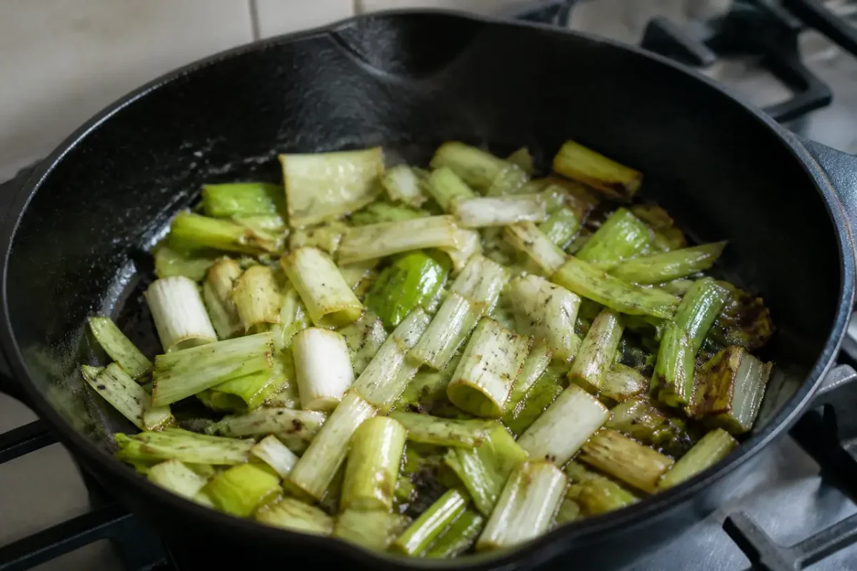 Poireaux fondants dans une poele en fonte