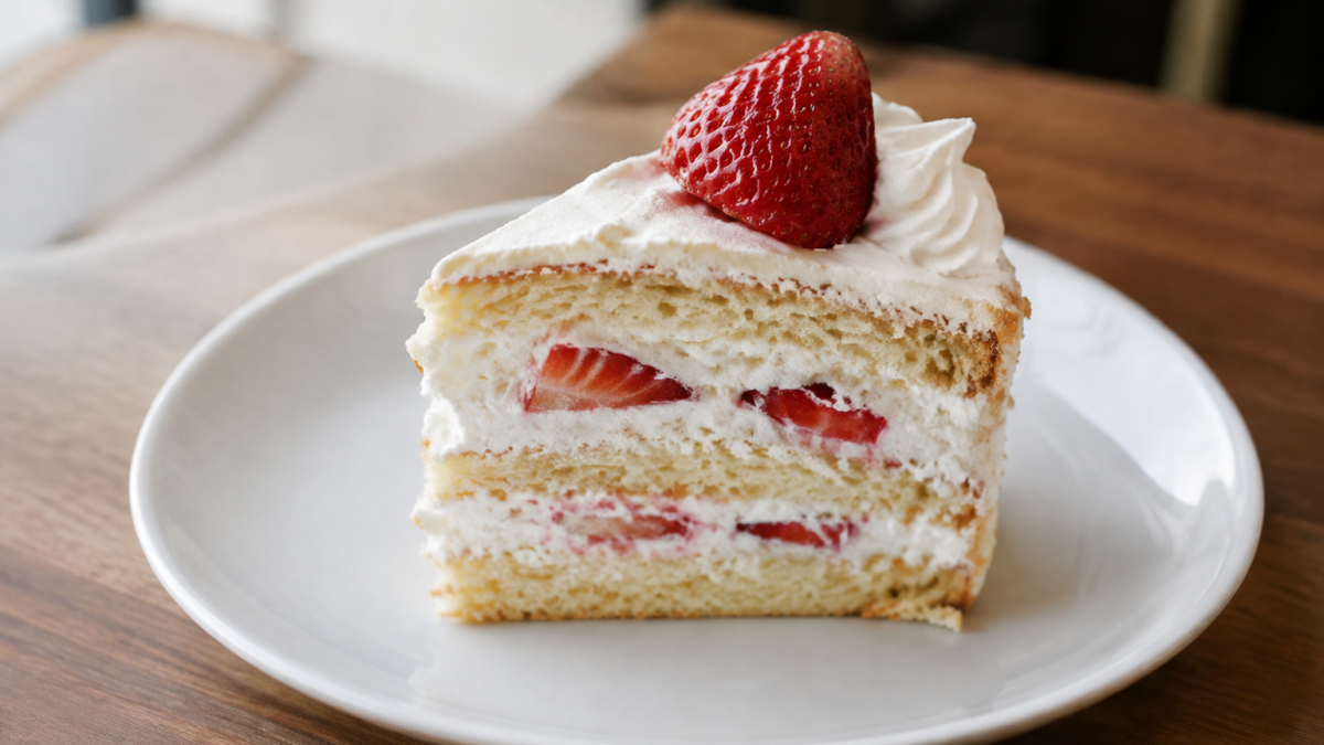 Tranche gateau leger posee sur assiette blanche
