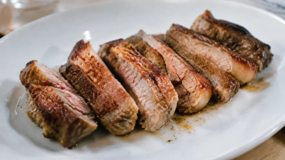 Tranches de viande dorees alignees sur assiette blanche