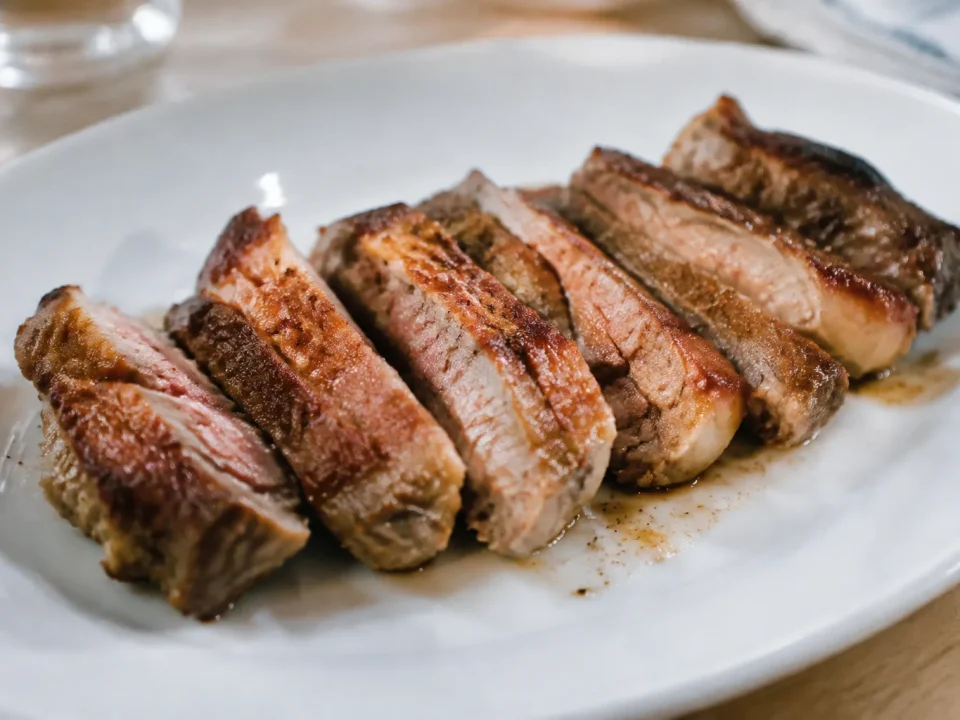 Tranches de viande dorees alignees sur assiette blanche