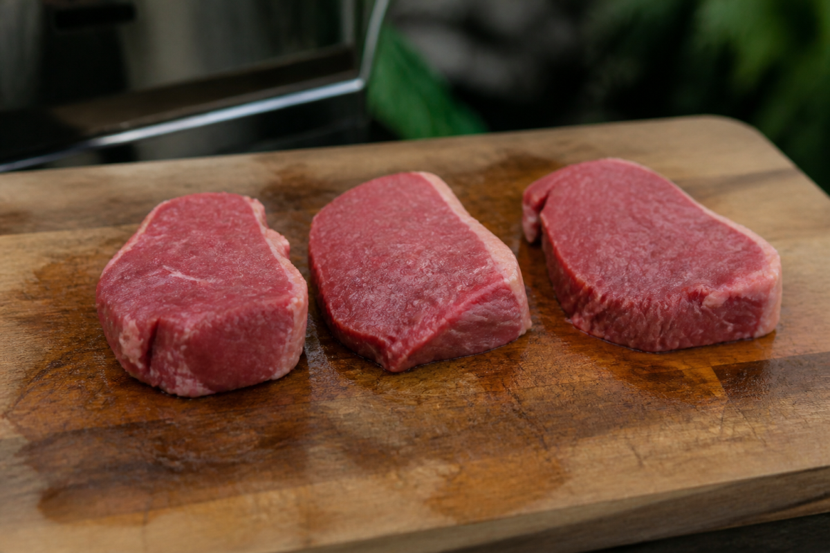 Trois morceaux de viande rosee sur planche en bois