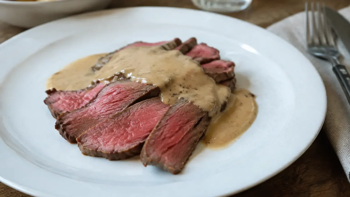 Viande rosee tranchee nappee de sauce beige sur assiette