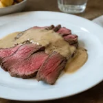 Viande rosee tranchee nappee de sauce beige sur assiette