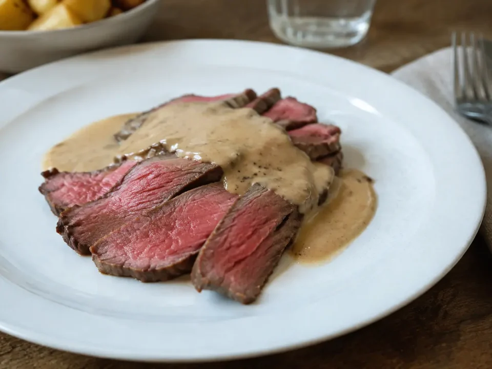 Viande rosee tranchee nappee de sauce beige sur assiette